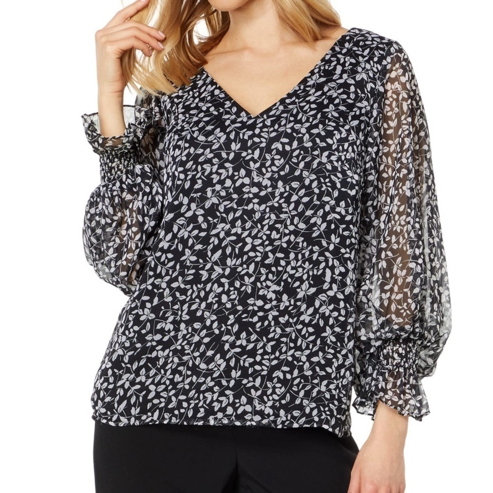 Vince Camuto  Floral Print V-Neck Blouson Blouse Black White M